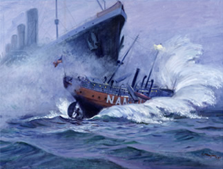 Painting of Lightship Nantucket LV-117 being rammed by RMS Olympic